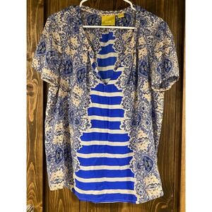 Maeve Blue and Cream Paisley Striped Short Sleeve Blouse